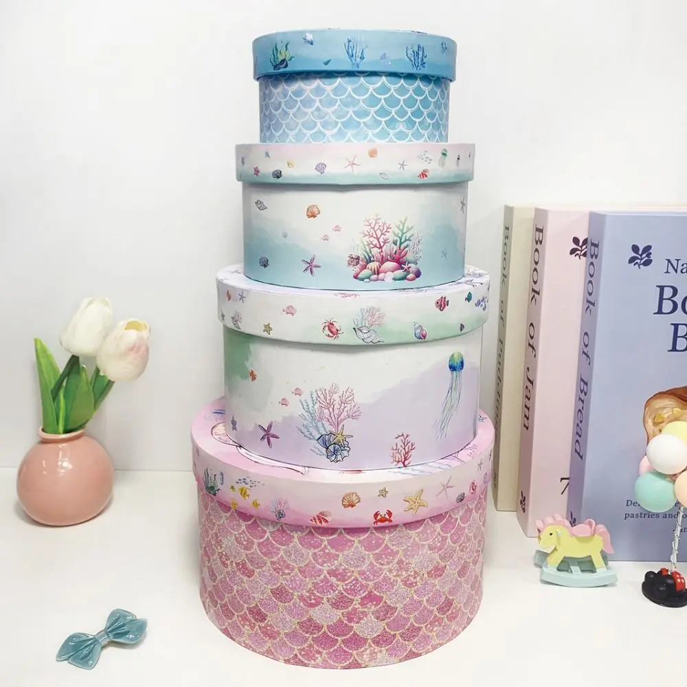 Multi-purpose With Lids Mermaid Princess Gift Box Stackable Dustproof Round Packaging Box Cartoon Square Gift Box Party Supplies