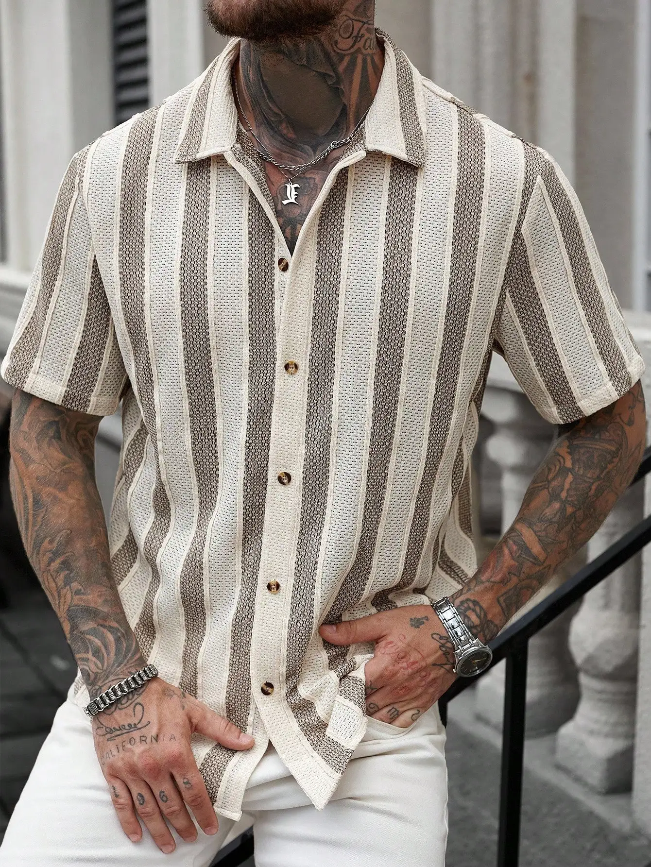 

Men's Short Sleeve Striped Casual Shirt with Polo Collar, Breathable Knit Fabric