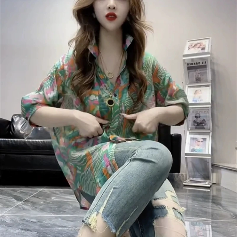 2024 New Summer Korean Streetwear Fashion Versatile Half Sleeve Blouses Loose Polo Neck Printed Pocket Button Women\'s Shirt Top