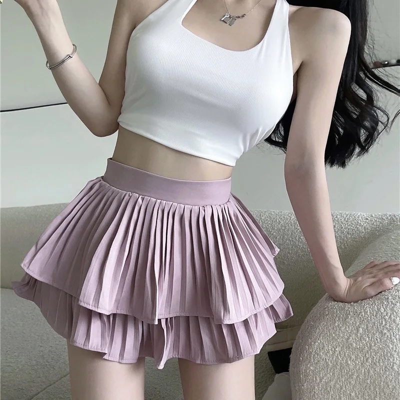 Pleated Skirts Women Korean Solid Aesthetic Minimalist Sweet Girlish High Waist Mini Design All-match Streetwear Summer Kpop