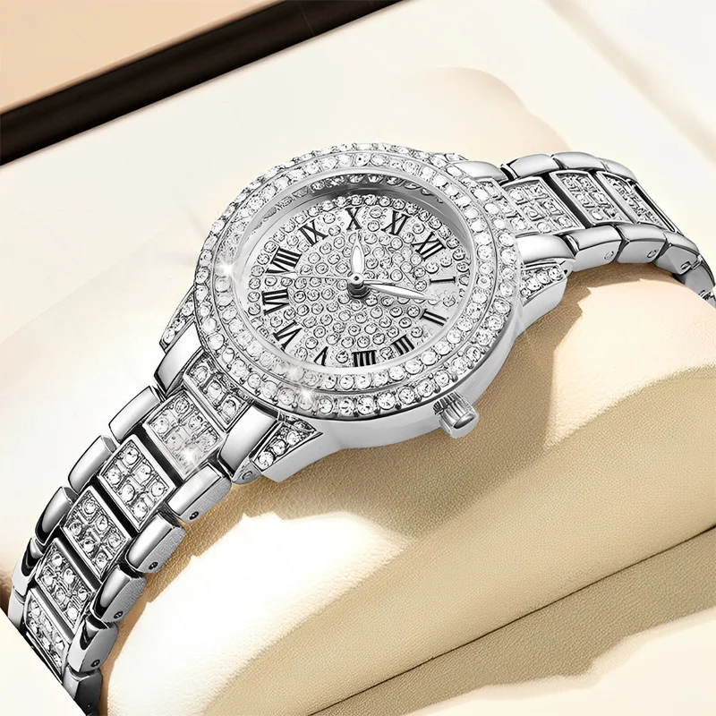 Women Luxury Shiny Diamond Watch Full Steel Diamond Watches Adjustable Bling Crystal Quartz Wristwatches for Women Casual Clock