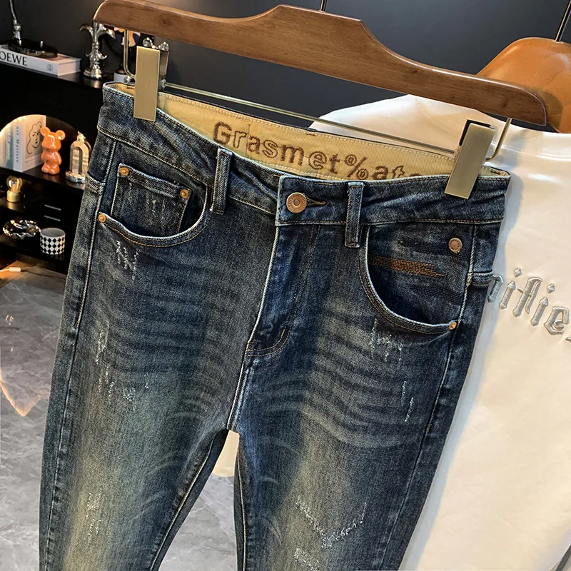 

Новые осенние мужские джинсы Micro Haren 2023, универсальные, повседневные, эластичные, для похудения, тонкие, свободные, маленькие брюки