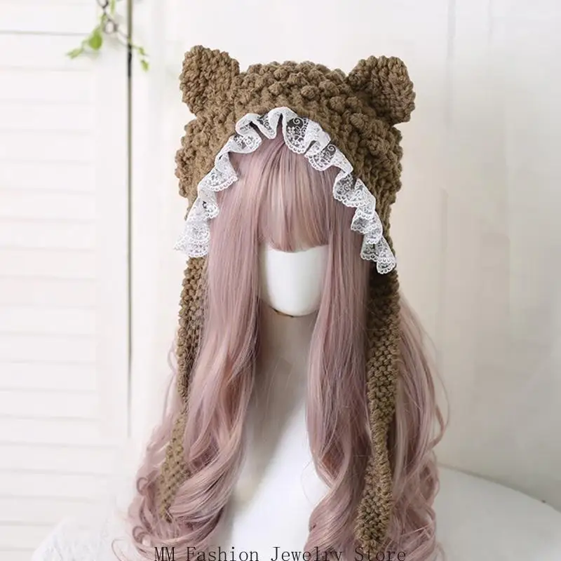 D0UB محبوك آذان القط قبعة الكرتون الدافئة Earflap قبعة الشتاء الانحناء قبعة الكروشيه #4