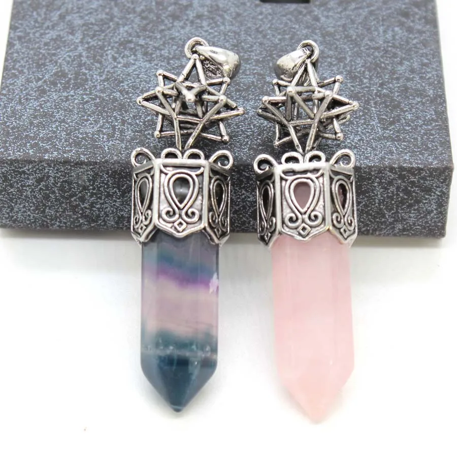 Natural Crystal Hexagaon Stone Pendulums For Dowsing Divination Amethyst Rose Quartz Fluorite Merkaba Hexagram Pendulos No Chain