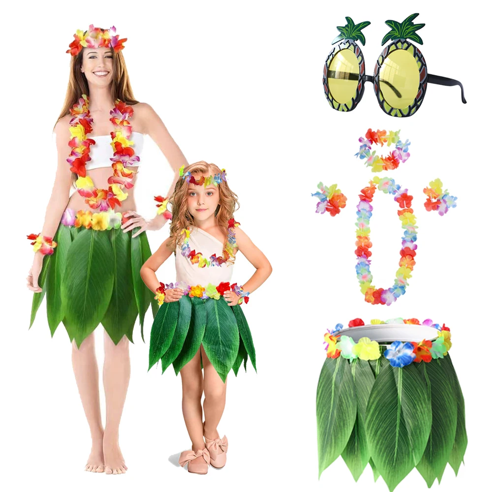 Hawaiian Flower Leaf Hula Skirt Colorful Garland Costume Sunglasses Set For Girls Birthday Hawaii Luau Dance Beach Party Favors