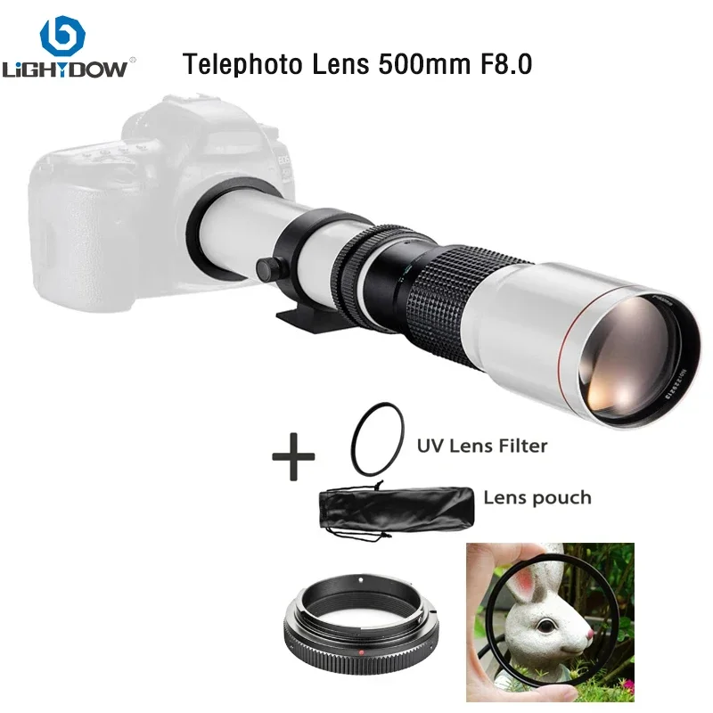 Lightdow Telephoto Lens 500mm F8.0 T Mount for for Camera Canon EOS R1 Rebel T3 T3i T4i T5 T5i T6 SL2 6D 7D 60D 70D Nikon Lenses