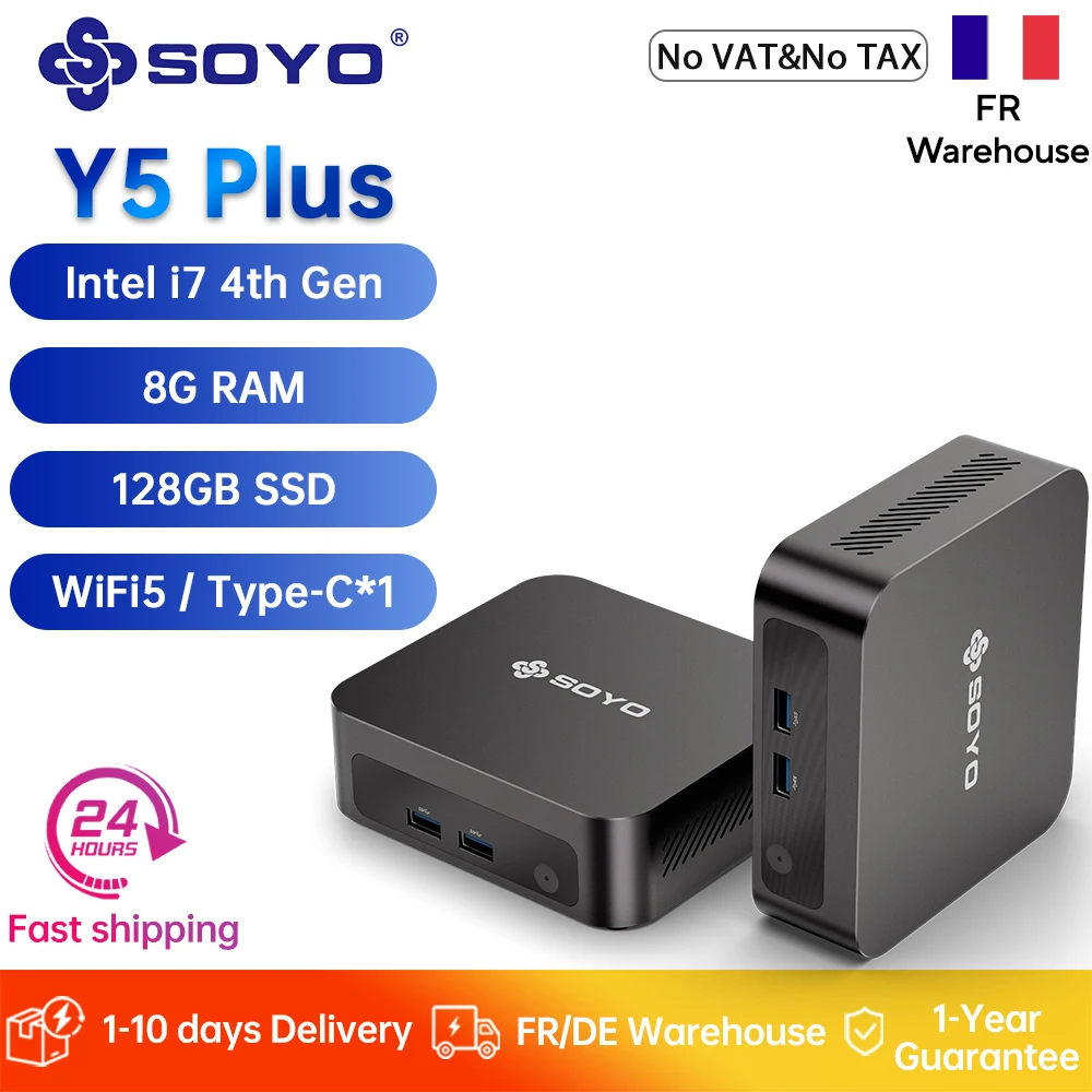 SOYO Nieuwe Y5 Plus Mini PC Intel Core i7 4e generatie CPU (Tot 3,3 GHz) 8GB RAM 128GB SSD Desktopcomputers Dubbele 4K-schermweergave Type-C WiFi5 - afbeelding 1