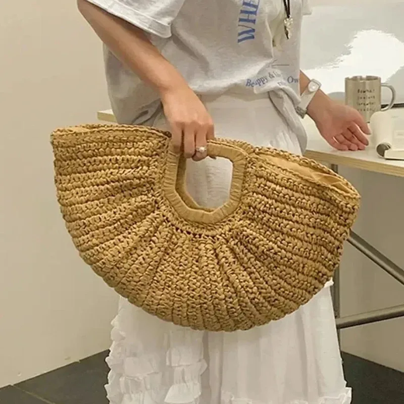 

Travel Big Basket Summer Straw Woven Basket Handbag Fashion Ladies Large Capacity Straw Beach Bag Handmade Handbags Purse
