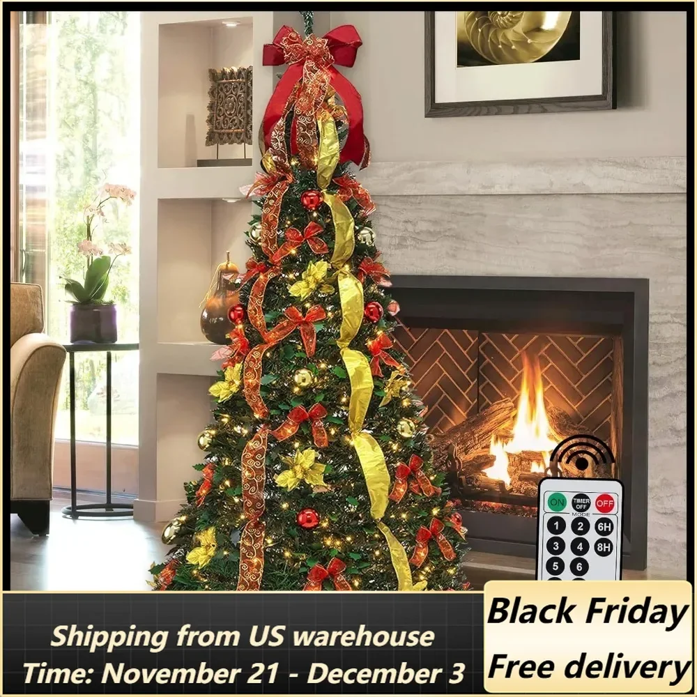 Pre-lit Christmas Tree - 6Ft Fully Decorated Pull-Up Christmas Tree with Remote, 200 LED Lights, Ornaments, Red&Gold Ribbon,