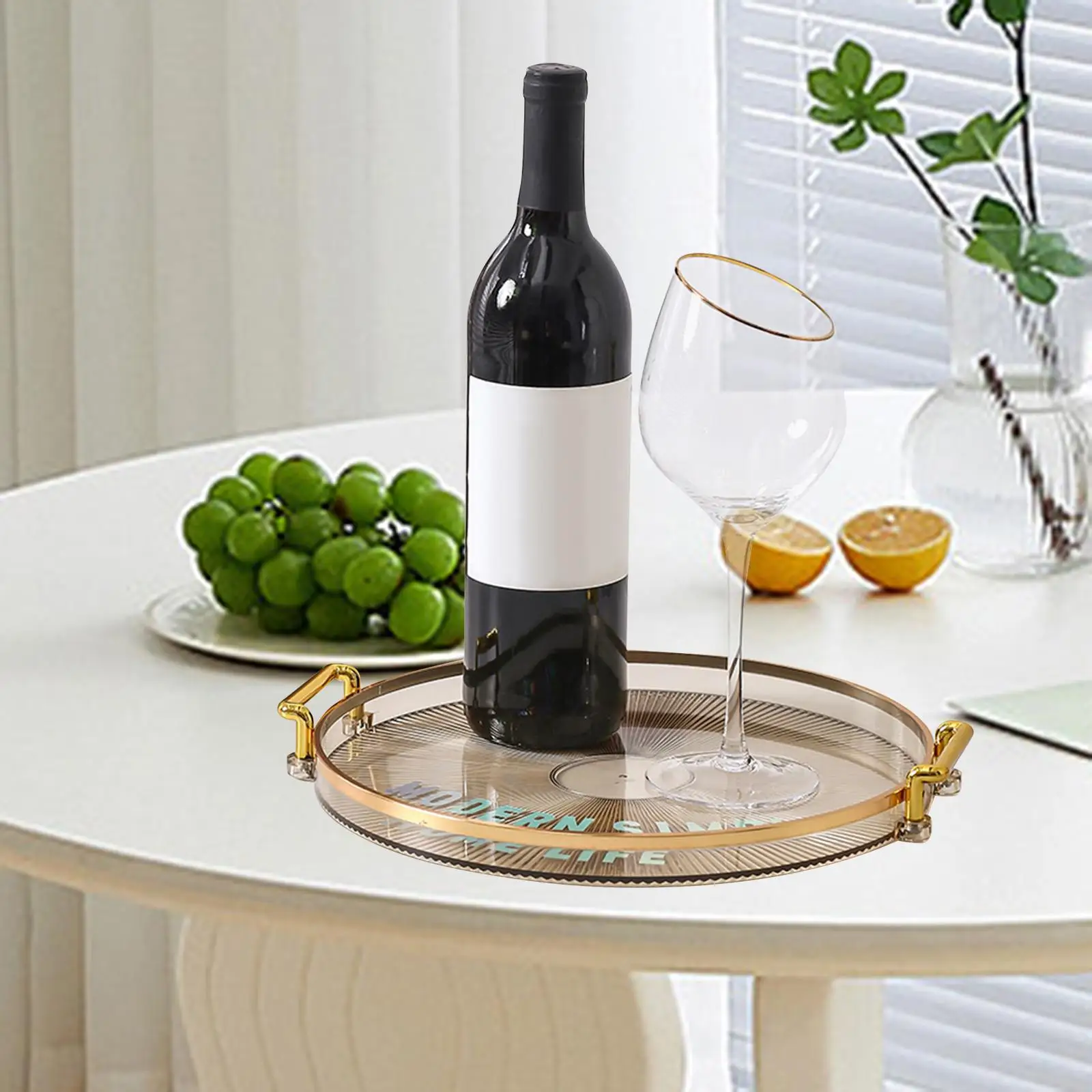 Round Decorative Tray with Handles for Serving Fruits Breakfast Dinner Jewelry Storage Perfume Organizer Table Accessories