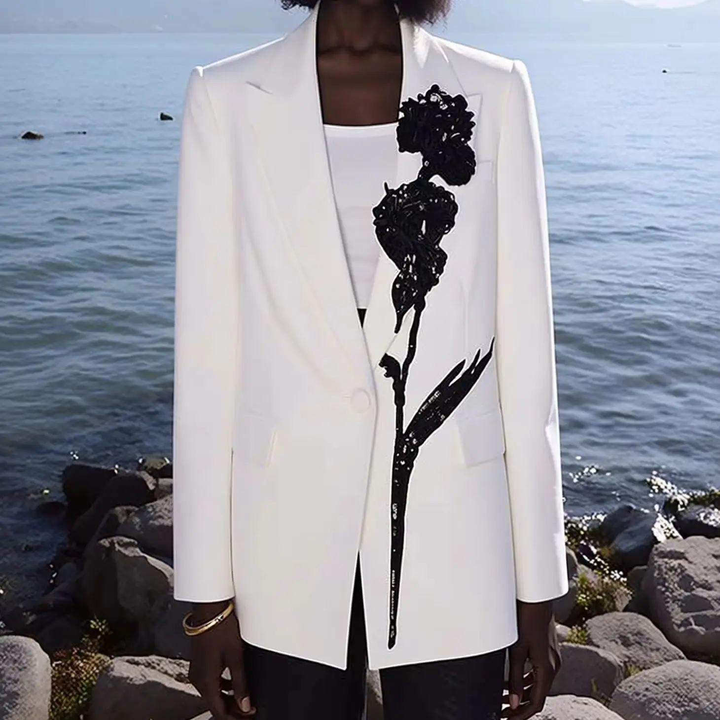 

Elegant White Blazer for Women 3D Black Floral Embroidery Sequins Single Button Peak Lapel Formal Suit Jacket for Party Wedding