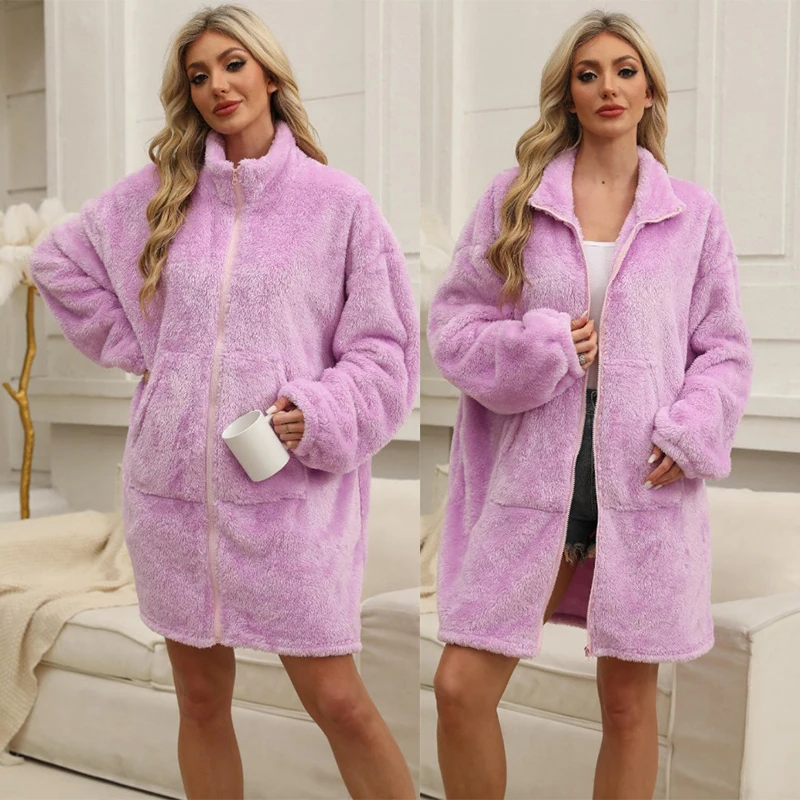 

Long Sleeve Coral Fleece Kimono Gown Stand Collar Home Clothes Nightdress Lady Warm Pajamas Short Robe Bathrobe Gown