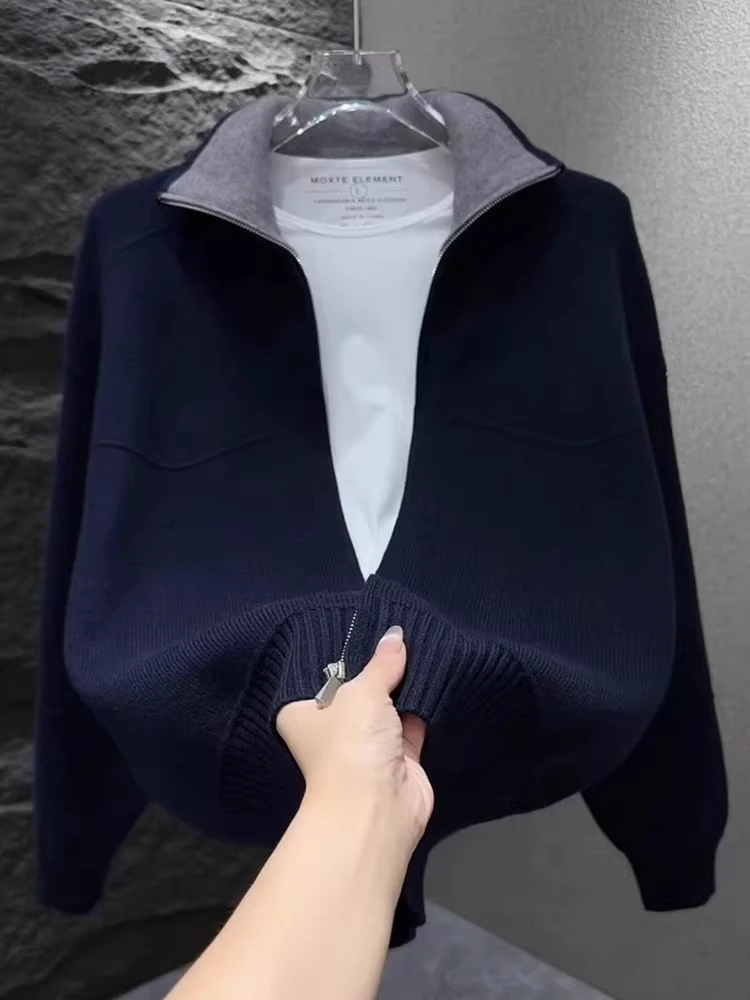 

Мужской вязаный кардиган оверсайз с высоким воротником, повседневный, в стиле колор-блок, длинный, теплый, зимний, модный, молодежный, в американском стиле