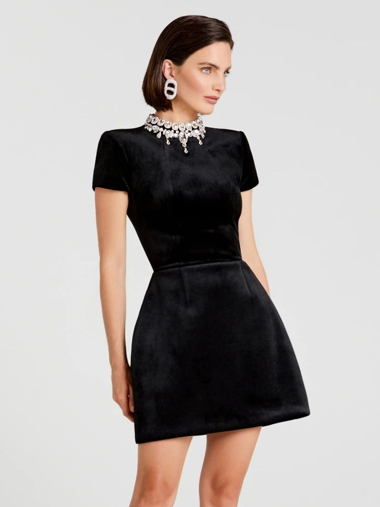 Sexy O Hals Kurzarm Glänzende Kristall Mini Verband Kleid Frauen Schwarz Diamanten Bodycon Kleider Abend Party Cocktail Kleider