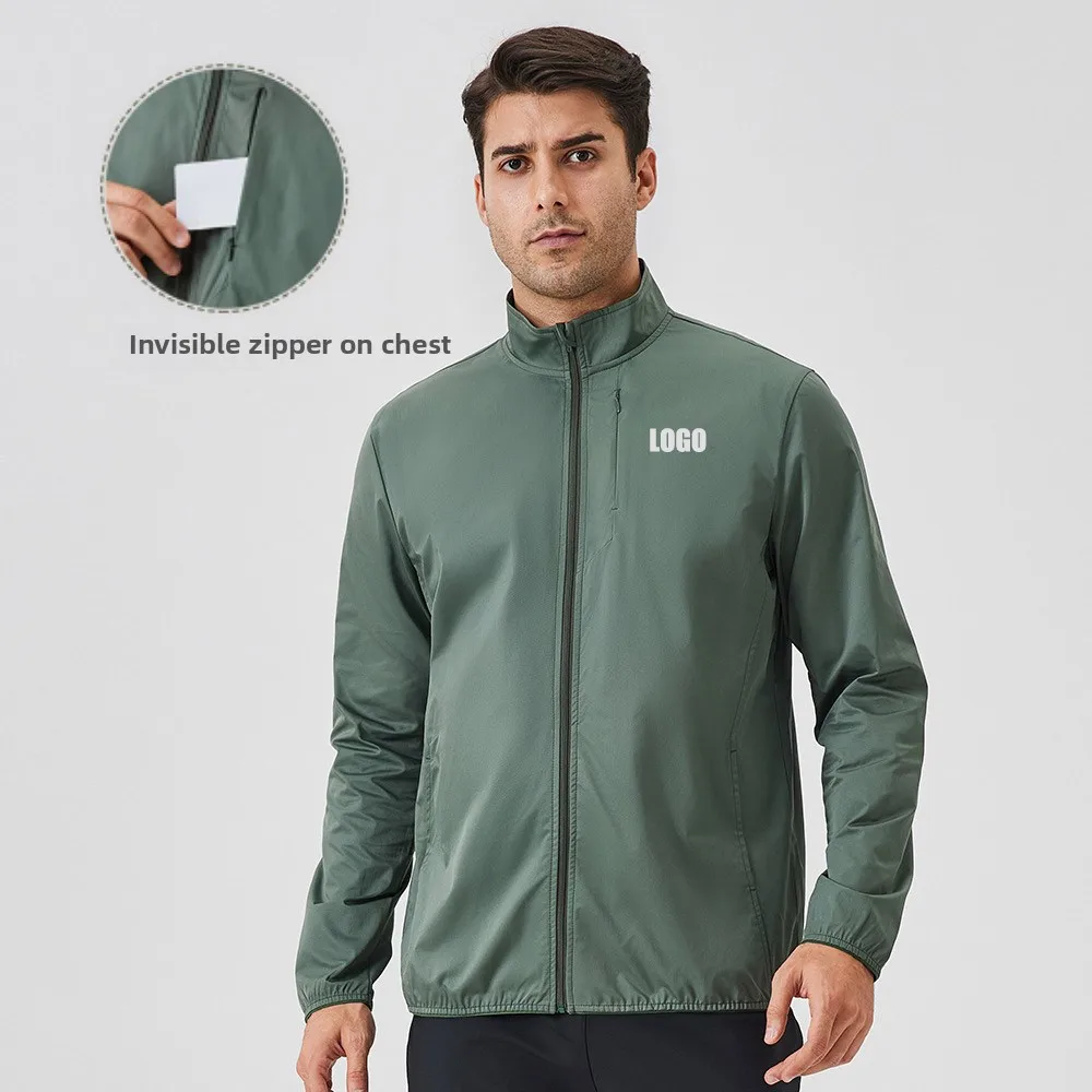 

Мужская спортивная куртка с логотипом по индивидуальному заказу, куртка на молнии с воротником-стойкой, уличный ветрозащитный кардиган с длинными рукавами, топ для бега и фитнеса