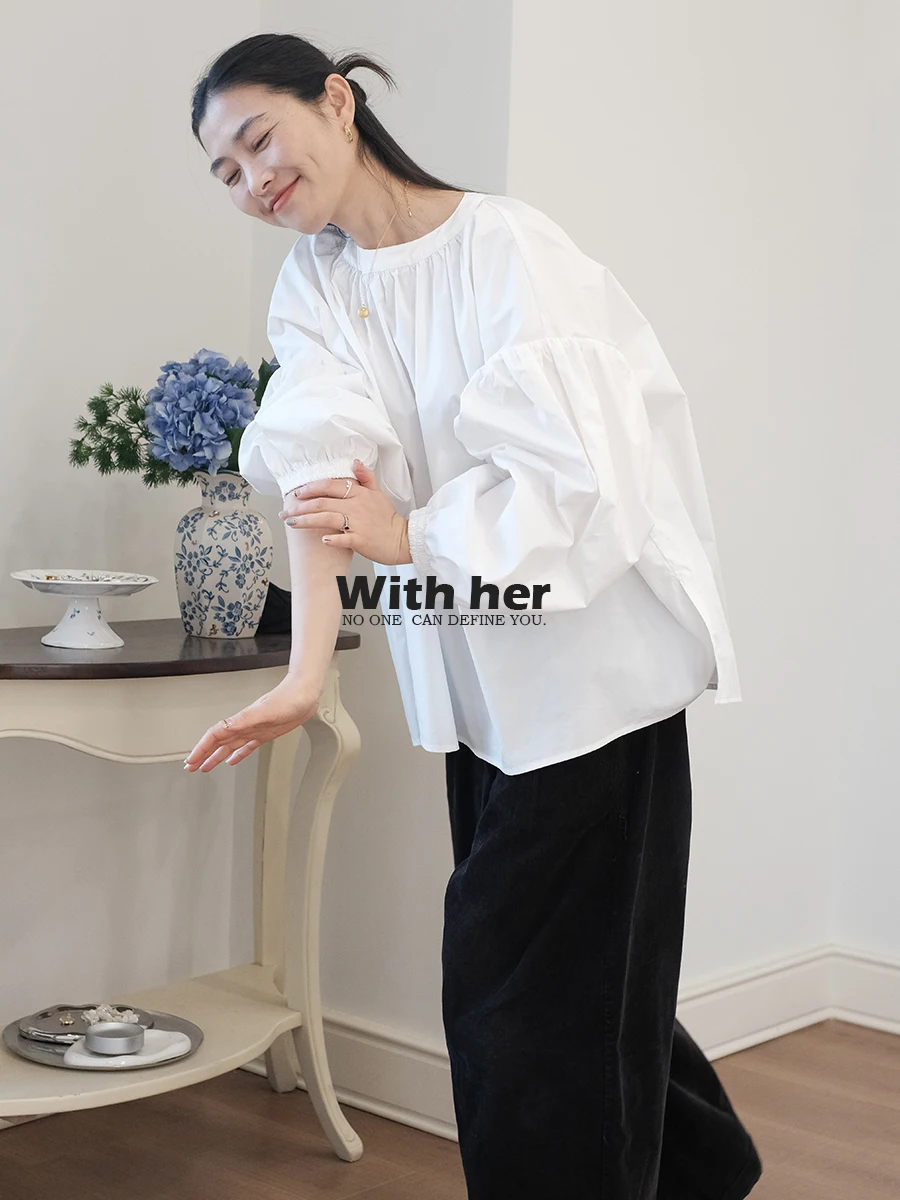 

Оригинальный дизайн, свободный крой, длинный рукав, круглый вырез, белая футболка, с рукавами-фонариками, простой стиль, женская повседневная футболка