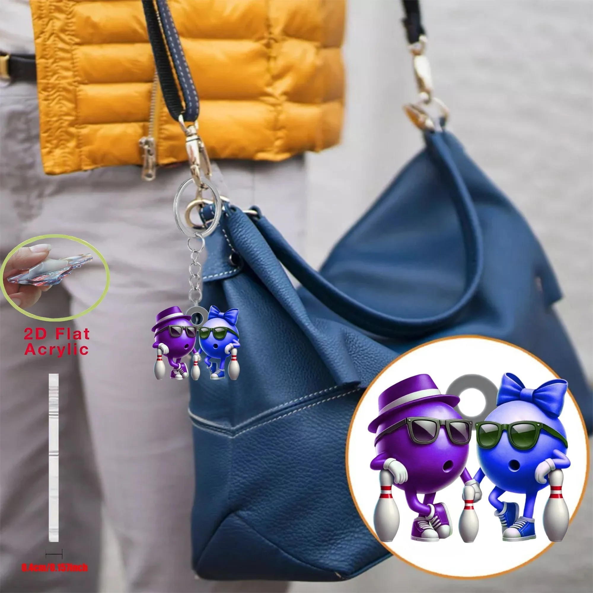 Cartoon Couple Bowling Pendant Keychain Bowling Ball 2D Flat Acrylic Ornament Charms Hanging Decoration for Bags Festive Gift