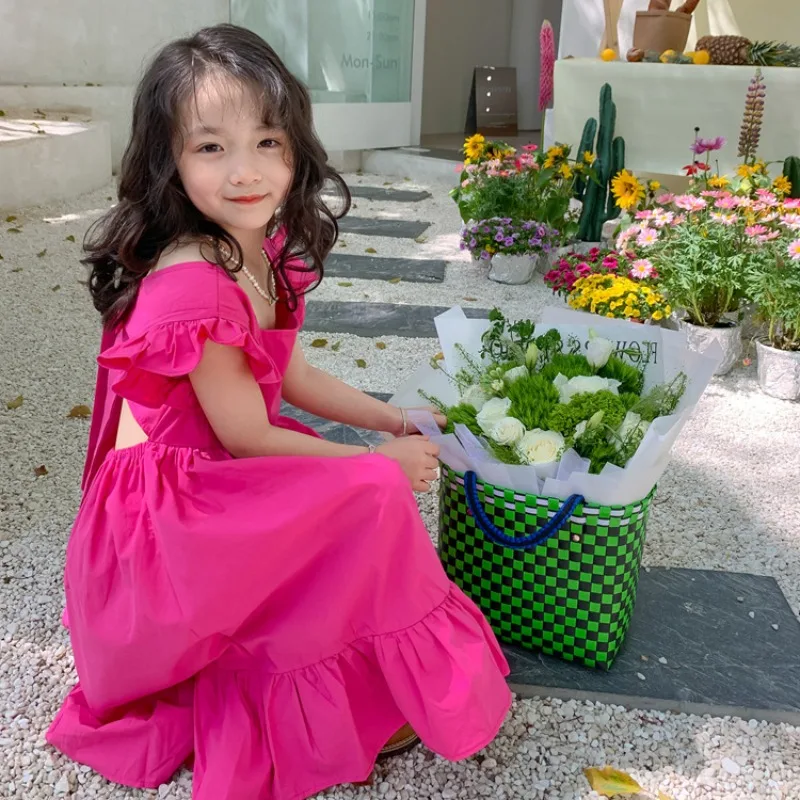 Gaun anak perempuan pakaian musim panas busur Halter manis santai gaun putri 2-7 tahun Fashion baru versi Korea pakaian anak-anak