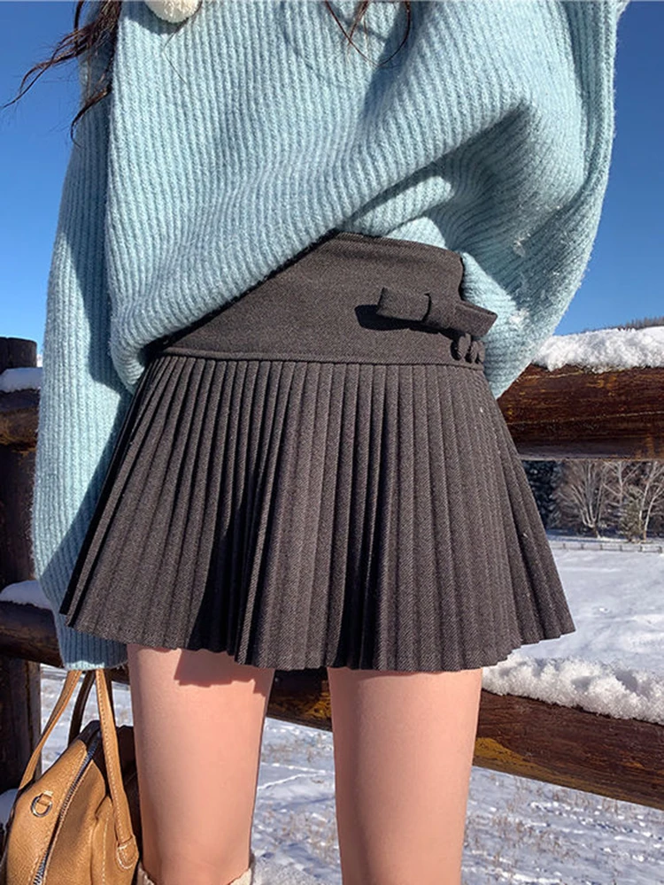 Sweet Bow Mini Skirt Women Autumn Winter Preppy All Match Cute Pleated A Line Skirts Student Kawaii Casual High Waist Skirt New