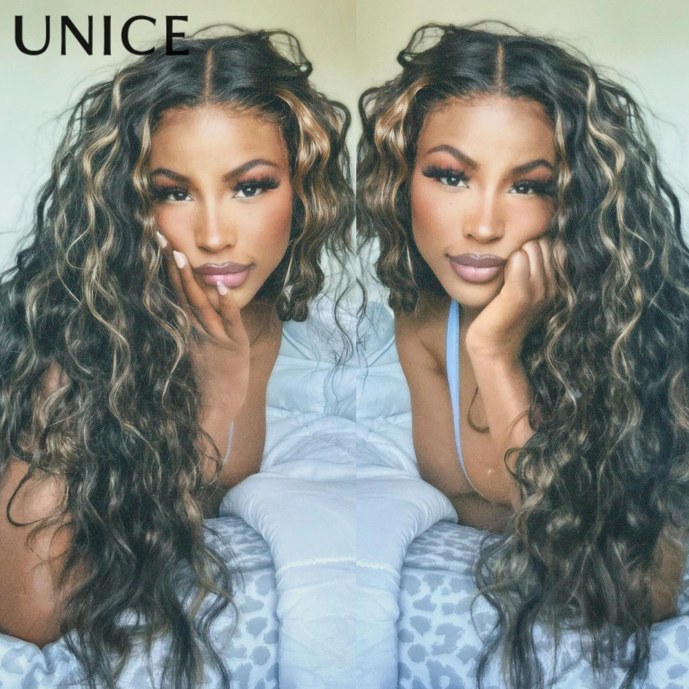 UNice أسود مع أشقر فاتح يسلط الضوء على موجة المياه مع الرباط 13x4 قبل كل شيء شعر مستعار بدون صمغ شعر بشري كثافة 150%