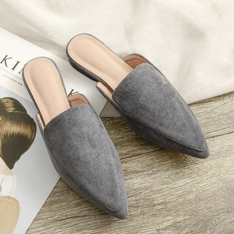 Fashion Baotou Flat Pointed Half Slippers Women\'s Suede Black Mules Large Sizes 42 Female Breathable Shoes босоножки женские