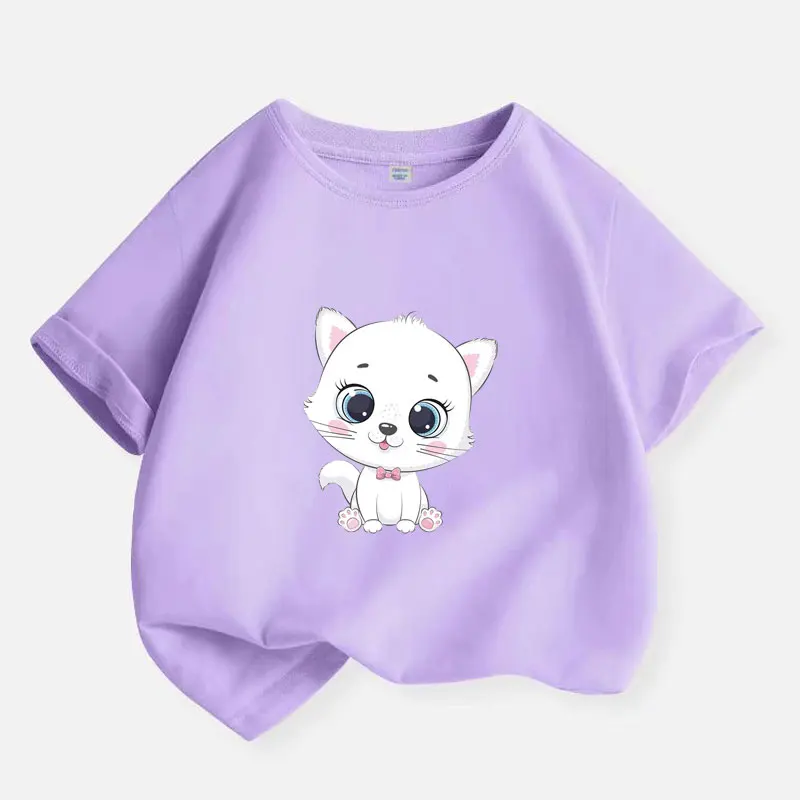 Cute Cat T-shirt for Girls Cotton Kids T Shirt Casual Children Casual Clothes Teen Baby Girl Cartoon Y2K Tops 6 8 10 12 Years