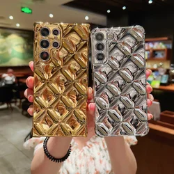 Glossy 3D Lozenge Plating Gold Silver Shockproof Phone Case for Samsung Galaxy S21 S22 Plus Ultra Soft Silicon Back Cover Coques