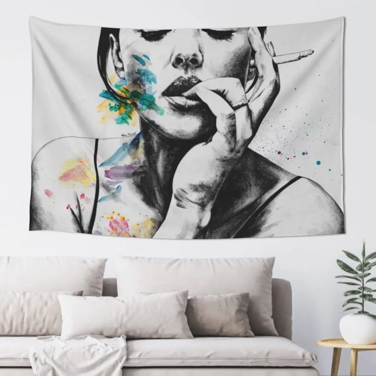 

Monica Bellucci sexy portrait | smoking woman drawing Tapestry Living Room Decoration Outdoor Decor Tapestry