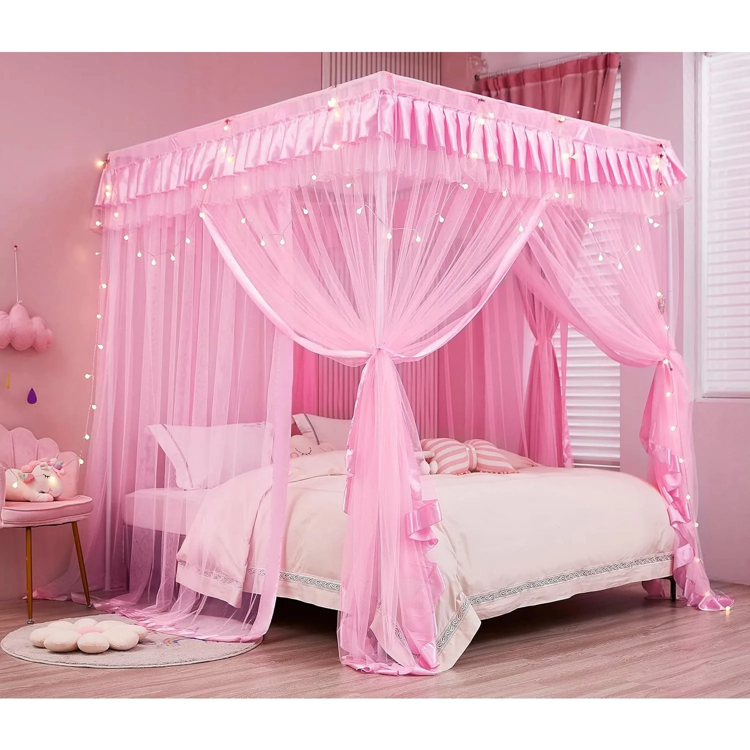 4-point canopy bed curtains, suitable for girls in full size - curtain bed frame, cute princess bedroom decoration (pink)