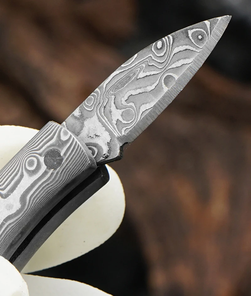 All Damascus Mini Folding Knife Pendant Acrylic Wood Keychains Sharp Small Blade Portable Hanging Outdoor Camping Unboxing Knife