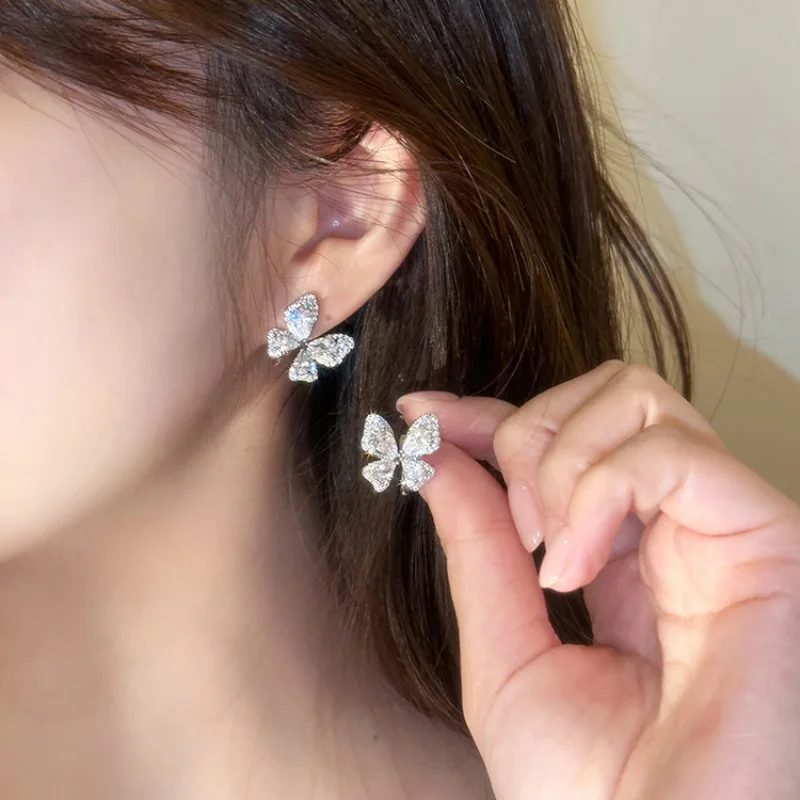 PANJBJ 925 Sterling Silver Zircon Butterfly Studs Earrings For Women Sweet Romantic Temperament Jewelry Gift Dropshipping