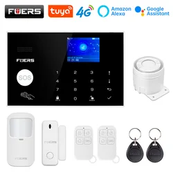 FUERS WIFI 4G Alarm System Wireless Home Burglar Security Alarm System Tuya APP Control Siren Motion Detector PIR Smoke Sensor