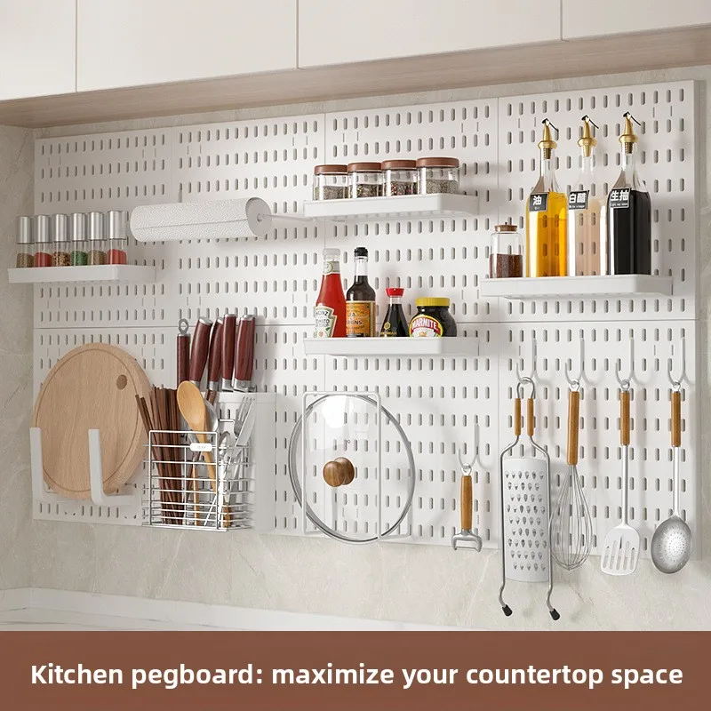 

Kitchen Wall Mount Pegboard Organiser Without Holes Kitchenware Spice Bottle Knife Holder Storage Rail Hooks Basket Shelf