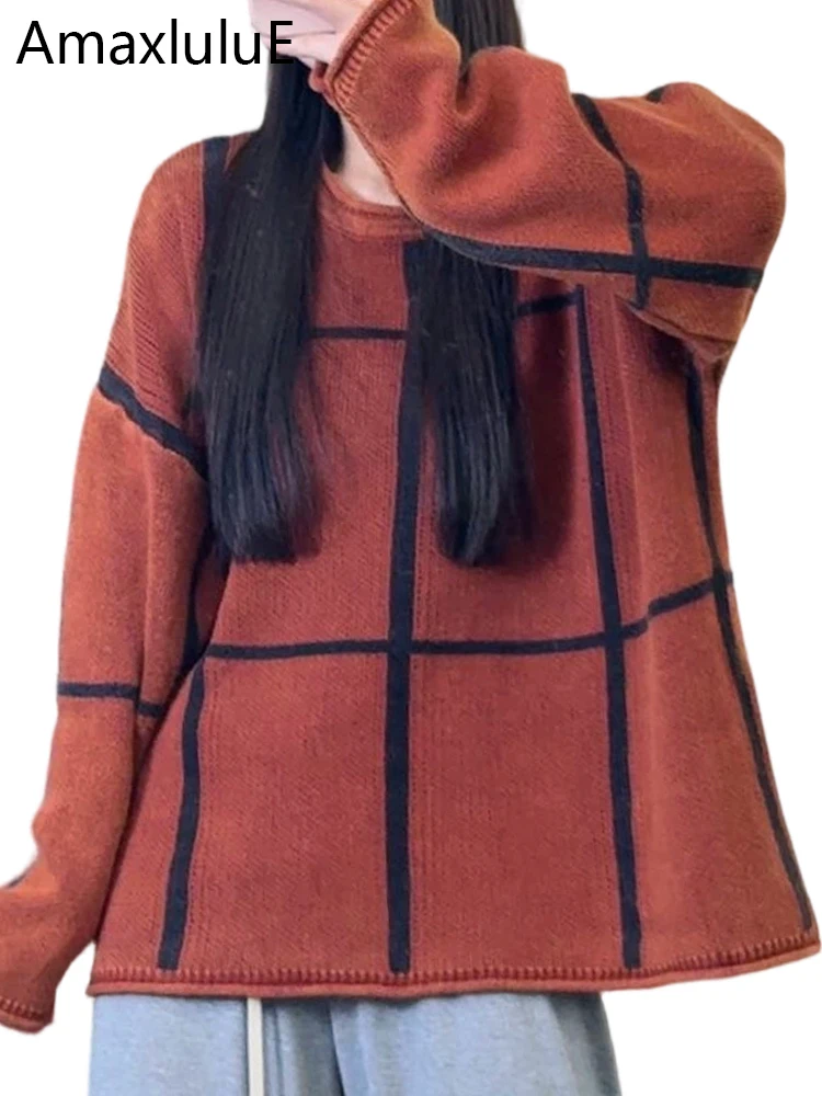 

Amax LuluE 2025 Winter Fashion Design Pullover Women Loose Striped Warm Sweaters Ladies Classic Casual Oversized O Neck Jumpers