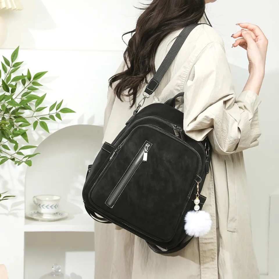 Women's Multi-Function Backpack Faux Suede Bagpack Fashion Girl Daypack Travel Cute Backpack Shoulder Bag Black back  Purse Hot