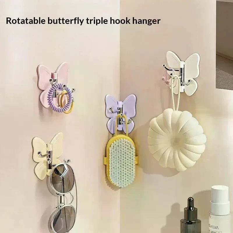 1-10PCS Butterfly Triple Swivel Hooks Strong Self Adhesive No Trace Damage Free Wall Hanger for Clothes Keys Towels Entryway