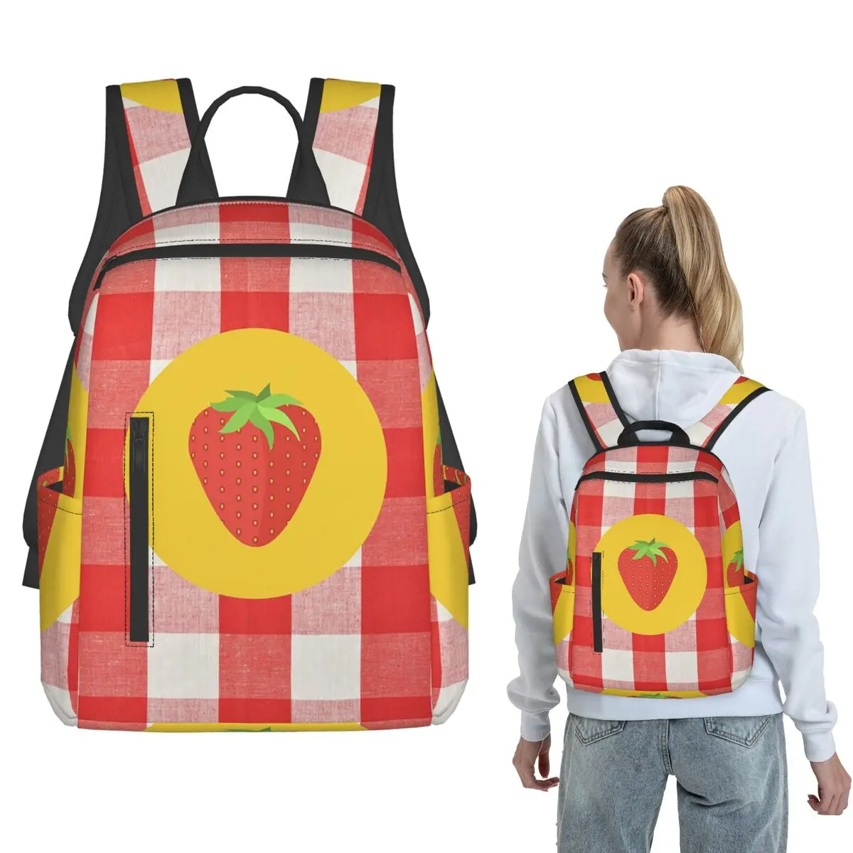 

Checkered Plaid With Strawberry Backpack Large Capacity Boys Girls BookBag School Bag Shoulder Bags for Men Women