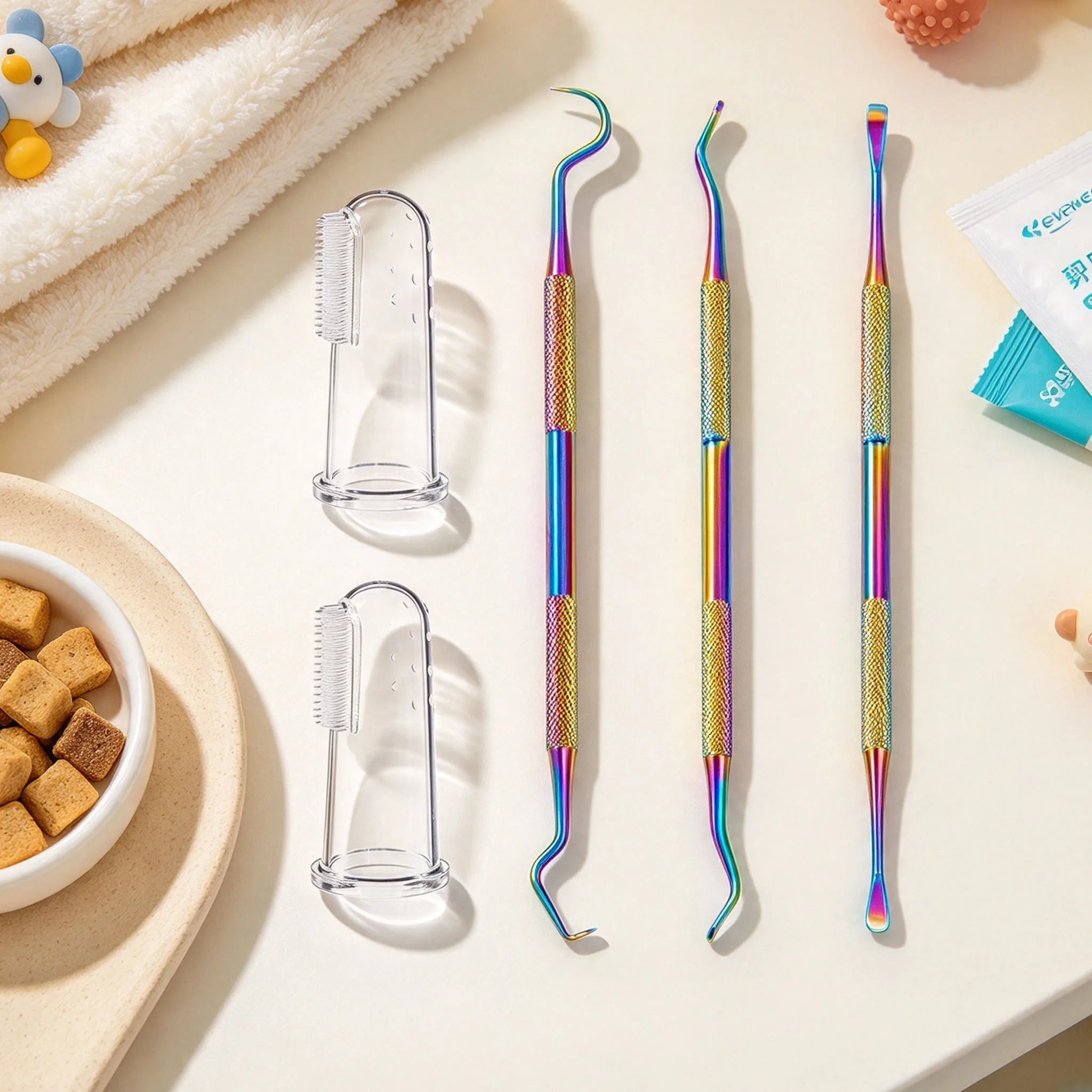 Stainless Steel Dental Cleaning Kit, with Silicone Finger Brush, Tongue Brush and Tongue Coating Cleaning Tool, Pet Dental Cleaning Tool, Reusable, Easy to Carry, Suitable for Outdoor Picnics, Camping, Travel and Daily Use