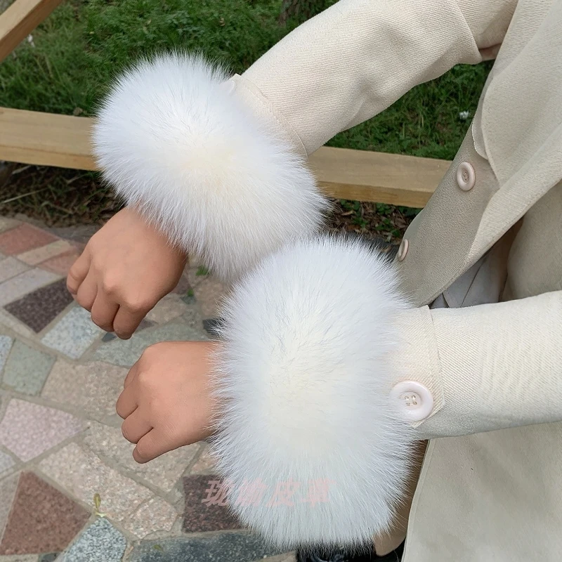 100% Genuine Natural Real Fox Fur Cuffs Women Coat Sleeve Wrist Arm Warmers Winter Warm Oversleeve Decorate Wristband Fox Gloves