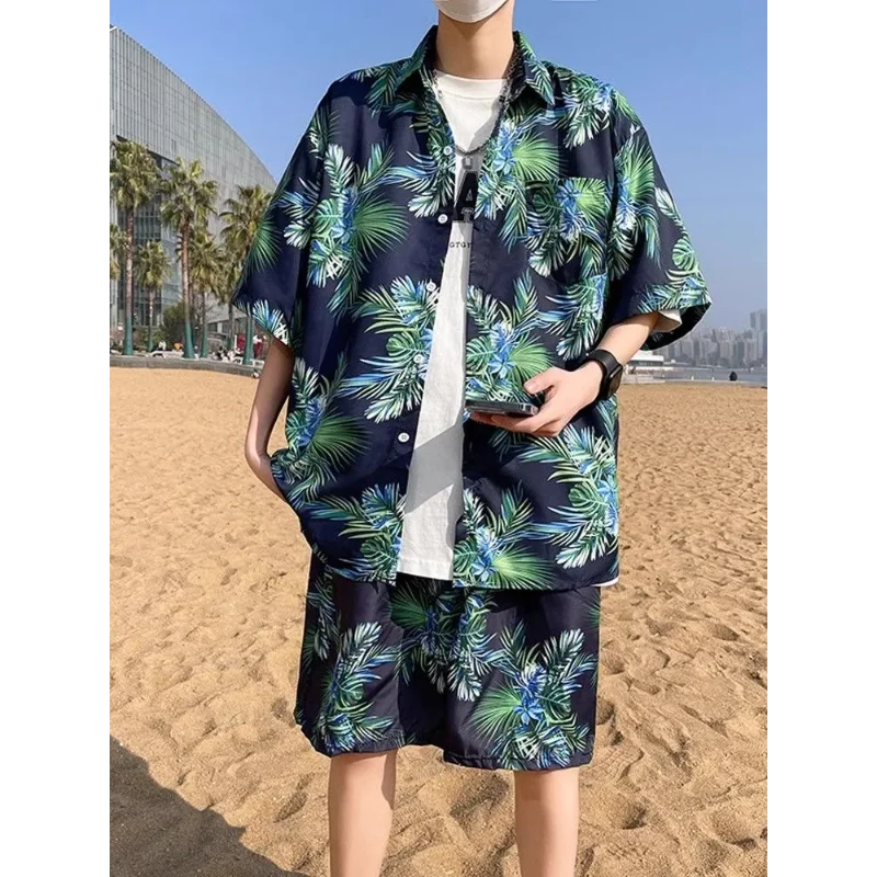 Travel Casual Men's Beach Pants Ice Silk Quick-drying Floral Shorts Seaside Resort Floral Shirt Hawaiian Suit