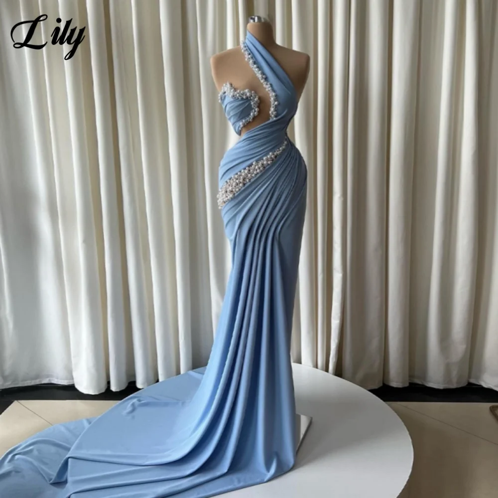 

Lily Blue Charming Pearls Mermaid Prom Dress for Woman Pleat Sweep Train Vestido De Fiesta Ceremony Party Dresses Customized