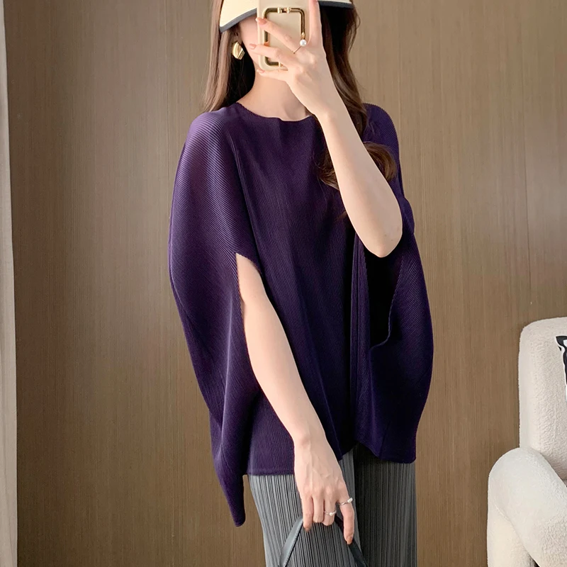 Miyake Pleated Women\'s Loose Bat Sleeve Solid Color Top Fashionable Cape Casual Autumn Women\'s Clothing