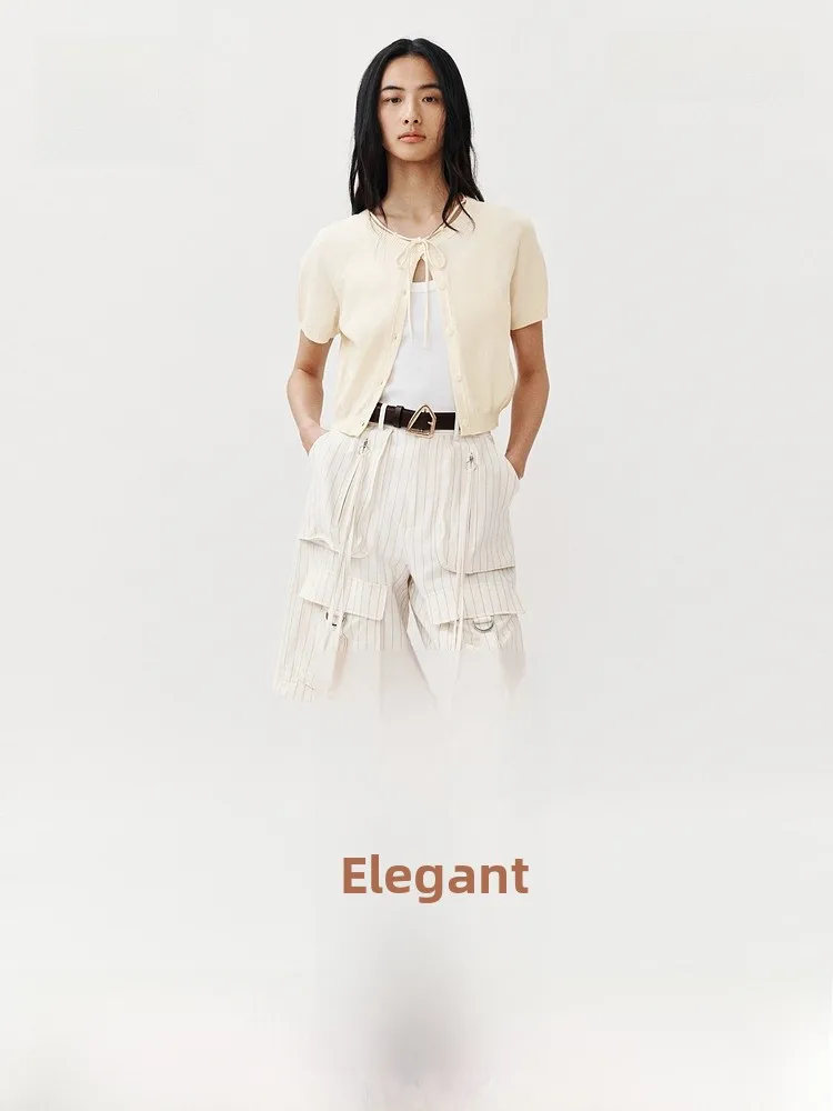 

H&M Summer New Women's Short Sleeve Belted Open Cardigan Casual Style Regular Fit Knitted Sweater Button Detail Viscose Nylon