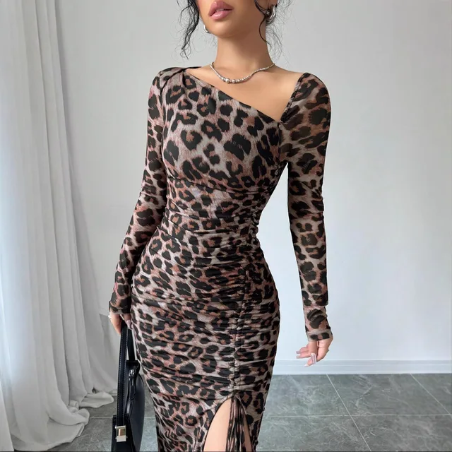 Seksowne sukienki damskie z nadrukiem lamparta moda potargane seksowne rozcięcie sukienka na imprezę dla kobiet wiosna lato Bodycon pakiet hip Vestidos