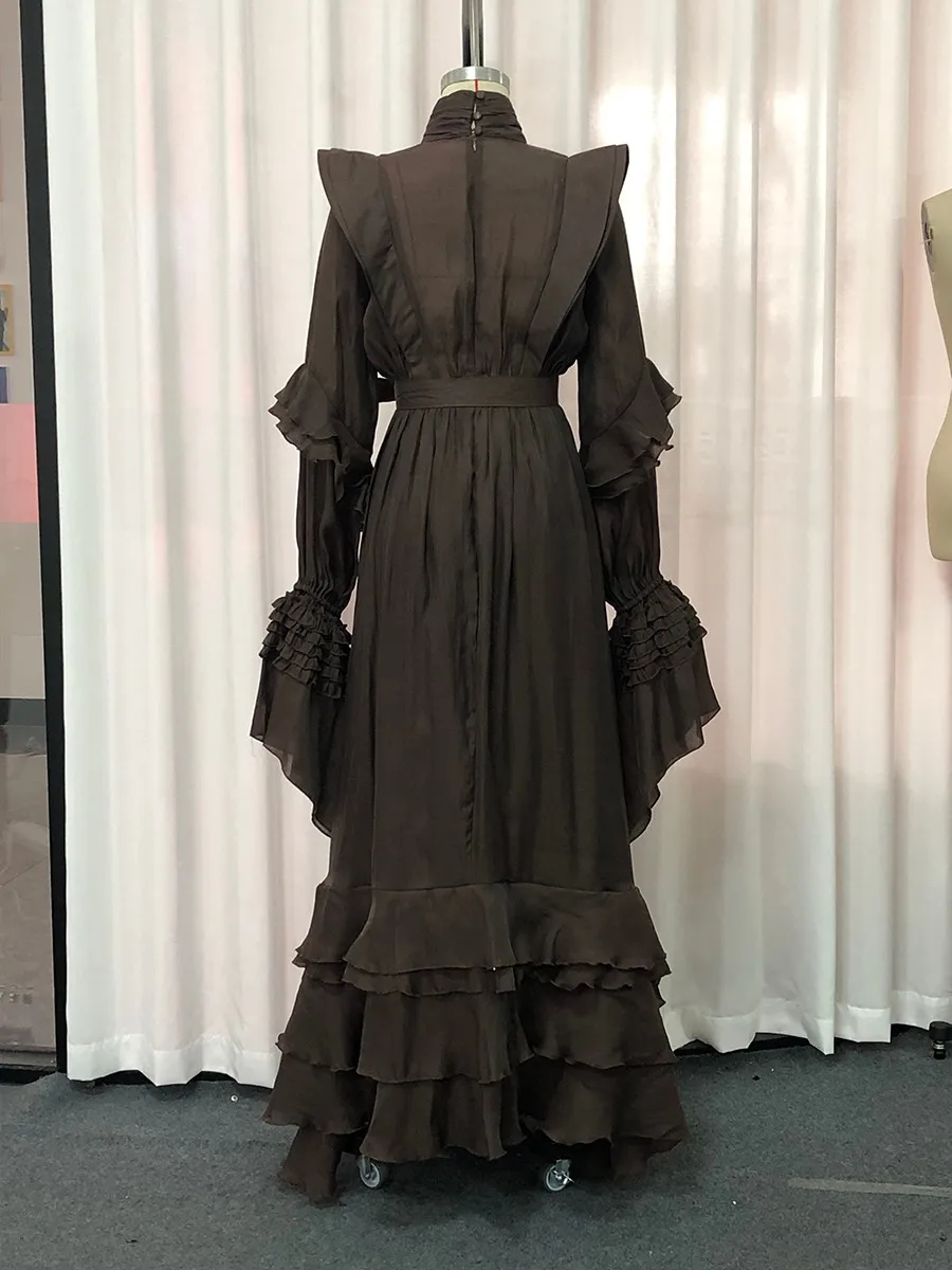 TWOTWINSTYLE خمر تقسم قطع سليم منتصف فستان للنساء الوقوف طوق كم طويل المتدرج تكدرت هيم ثوب أنيق الإناث #5