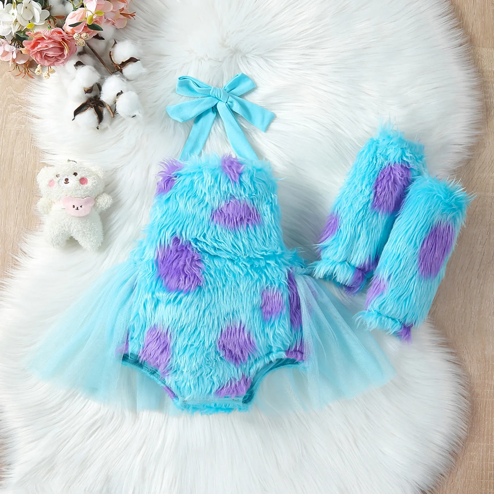 

0-3Years Infant Girl Bodysuit Tie-Up Halter Neck Mesh Hem Backless Print Fur Jumpsuits with Leg Warmers