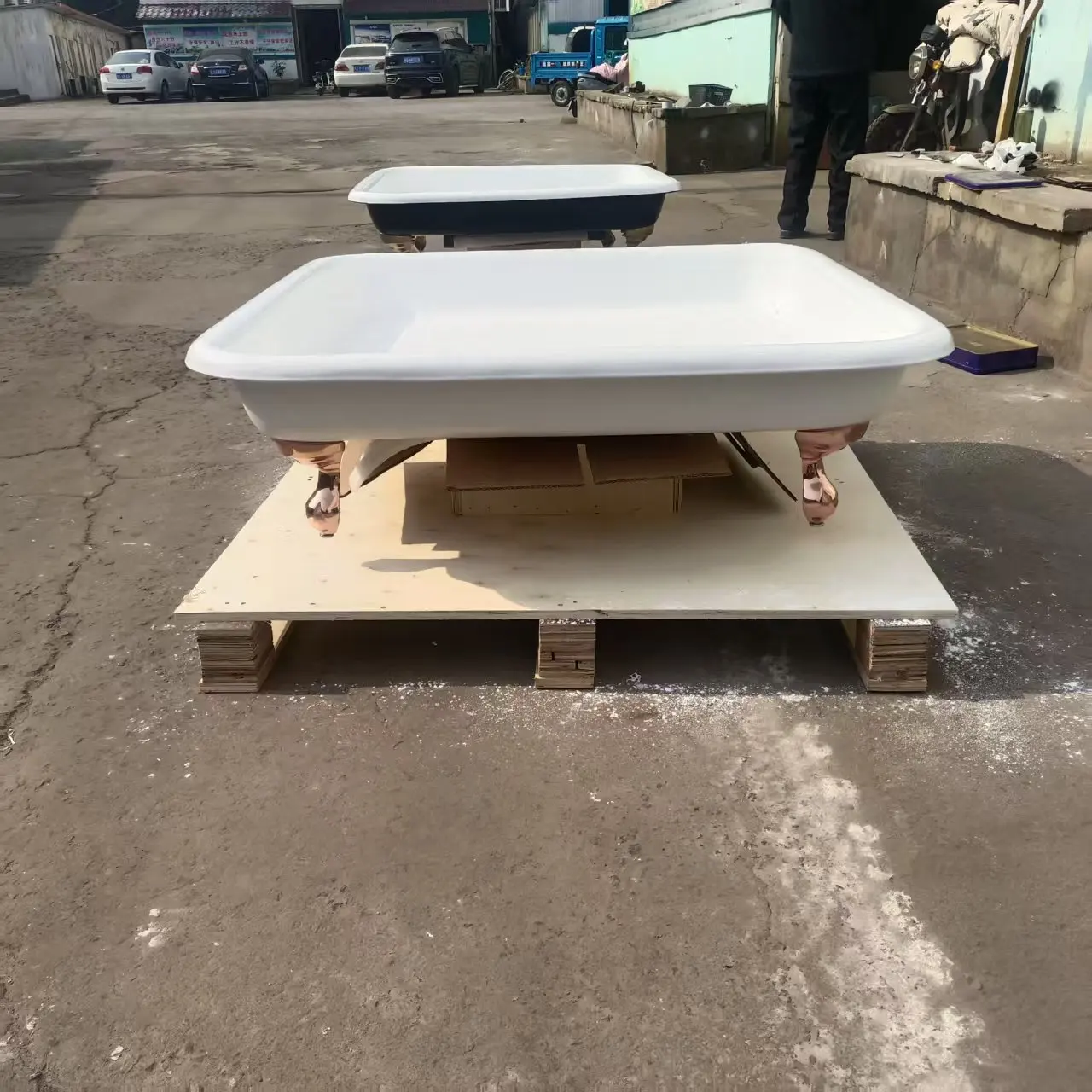 Freestanding decorative square cast iron shower basin with white finish, claw base, 42x42x11, center drain, traditional