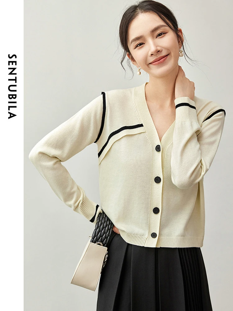 

SENTUBILA Patchwork Wool Blend Knit Cardigan for Women Knitwear 2024 Autumn Casual V Neck Long Sleeve Straight Sweater W43H56361