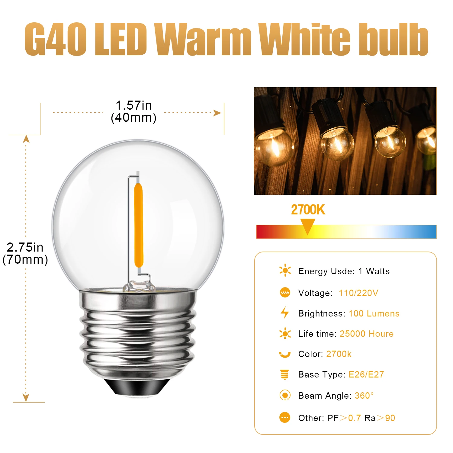 G40ไฟ LED 220V E27 1W ไฟเส้นประดับวินเทจสีขาวอบอุ่นในร่มกลางแจ้งถนนพวงมาลัยตกแต่งคริสต์มาส