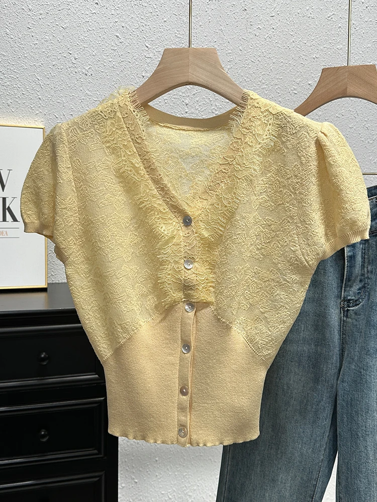 

Unique V-Ne ort Sve Knitwear Women's Faion Slimming Waist Design Summer T-irt Korean Sle Straight Cut Color